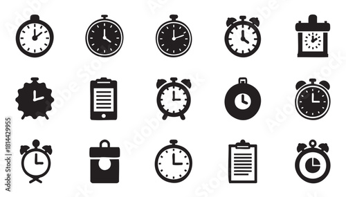 Collection of black and white time management icons including clocks, stopwatches, clipboards, and a briefcase