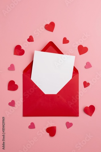 Red Envelope Surrounded by Paper Hearts and Confetti for a Romantic Occasion