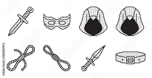 Set of monochrome pixel art icons for a fantasy adventure game, including a dagger, mask, hood, rope, and belt, presented in a retro 8-bit style against a clean white background