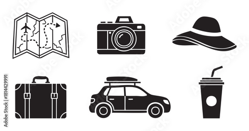 Collection of minimalist black vector icons for travel, tourism, and road trips, featuring a car, luggage, camera, map, sun hat, and a beverage cup