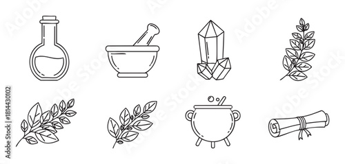 Esoteric vector icon set with alchemy and magic symbols like a potion bottle, mortar, crystal, herbal branches, a bubbling cauldron, and an ancient scroll in a clean line art style