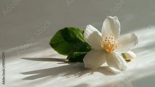 Delicate jasmine blossom with a green leaf casting a shadow on a bright surface in soft natural light