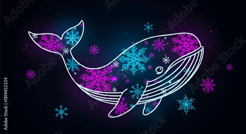 Celestial whale illustration filled with sparkling purple and blue snowflakes against a starry dark background