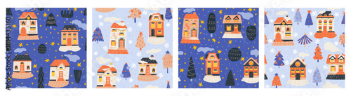 Tiny winter houses set simples patterns in scandinavian village with snow trees and stars.