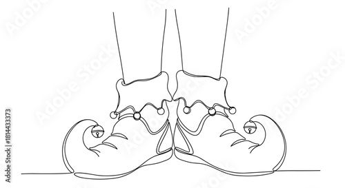 Cute Christmas elf shoes with bells and curly tips in line art style  