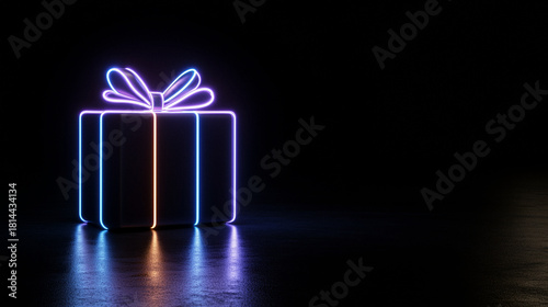 Futuristic neon glowing gift box with radiant illuminated bow