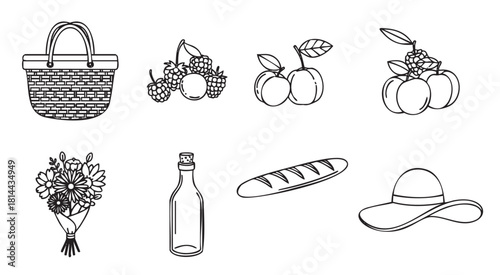 Minimalist set of summer picnic essentials illustrated in a simple black outline style, featuring a wicker basket, fresh fruit, baguette, wine bottle, flowers, and a sun hat