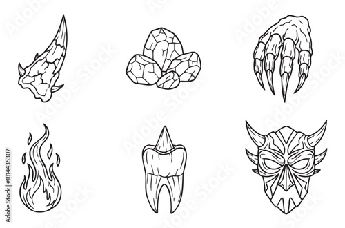Collection of black and white fantasy icons featuring a dragon horn, monster claw, demonic mask, crystals, flame, and fang, illustrated in a clean outline style