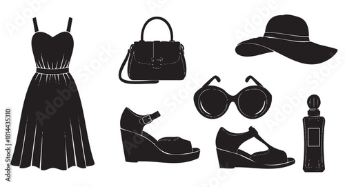 Collection of elegant women's summer fashion accessories shown as black silhouettes, including a dress, wedge sandals, handbag, sun hat, sunglasses, and perfume bottle