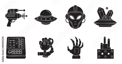Collecti featuring science fiction themes like an alien, UFO, ray gun, robot hand, and futuristic technology