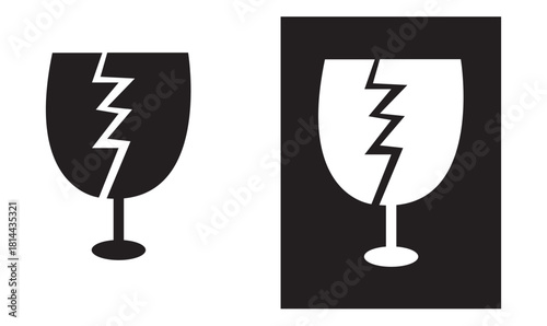 Fragile Glass Symbol Black fragile glass icon showing a cracked wine glass used on packaging to signal delicate contents requiring careful handling during shipping and delivery processes.