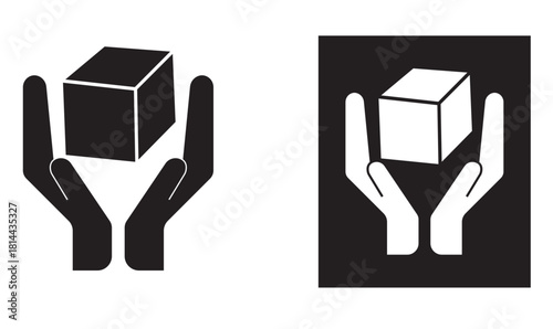 Handle With Care Black icon of two hands gently holding a package, representing “handle with care” instructions to ensure safe treatment of fragile or sensitive goods during transport.