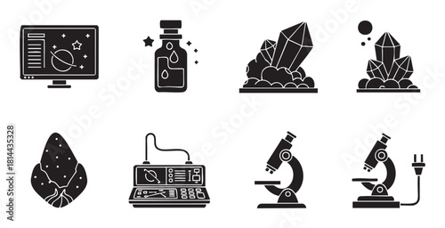 Collection of black glyph icons representing science, fantasy, and technology, featuring a microscope, crystal, computer screen with a planet, and a futuristic control panel
