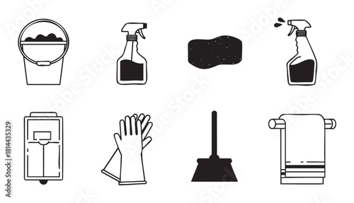 Collection of black and white line art icons for housekeeping and cleaning, featuring a bucket, spray bottle, sponge, gloves, broom, scale, and towel