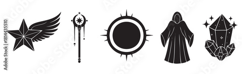 Graphic collection of magical and esoteric symbols in a bold black silhouette style, featuring a winged star, wizard's staff, spiky amulet, hooded figure, and glowing crystals