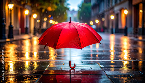 Wallpaper Mural A single red umbrella standing on wet pavement in the rain, with dramatic reflections and cinematic lighting Torontodigital.ca