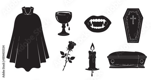 Collection of black silhouette icons for a vampire theme, including a cloak, coffin, fangs, and goblet
