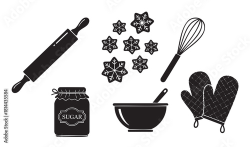 Collection of black silhouette icons for winter holiday baking, including a rolling pin, snowflake cookies, a whisk, oven mitts, and a mixing bowl