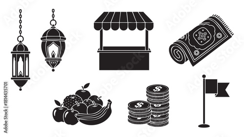 Collection of black silhouette icons representing a cultural marketplace, including lanterns, a stall, fruit, coins, and a prayer rug