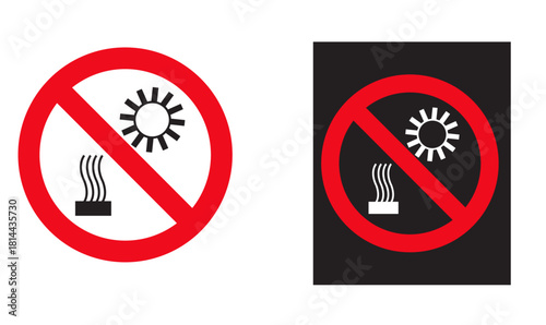 Do Not Heat Red prohibition sign with heat wave symbol and sun gear icon indicating “do not expose to heat,” designed for temperature-sensitive materials and packaging.