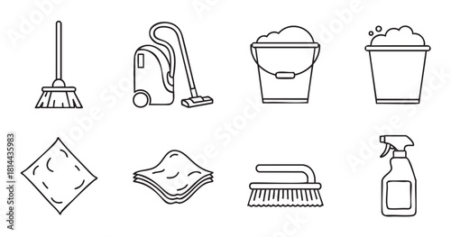 Set of minimalist line art icons for housekeeping and cleaning services, featuring a broom, vacuum cleaner, bucket with foam, cloth, brush, and spray bottle