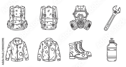 Collection of hand-drawn survival gear icons, including a backpack, gas mask, boots, and tools, in a black and white line art style