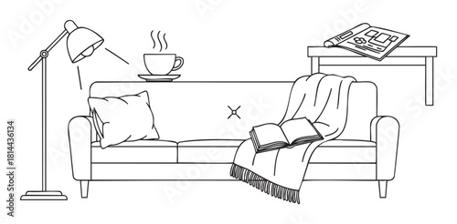 Cozy living room scene with a sofa, book, blanket, and hot coffee, illustrated in a minimalist black and white line art style representing comfort and relaxation at home