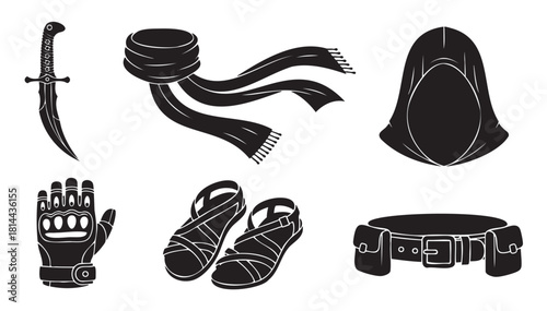Set of black silhouette icons representing fantasy adventurer or assassin gear, including a dagger, hood, scarf, glove, sandals, and utility belt