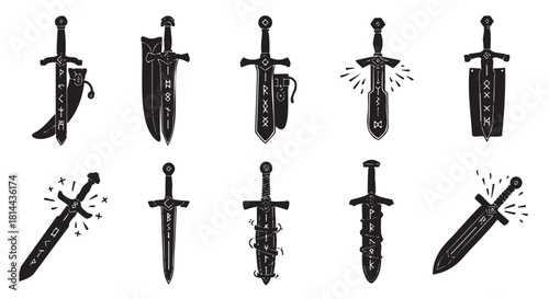 Collection of ancient Viking swords with runic inscriptions, presented as a set of black silhouette icons in a rustic, hand-drawn style