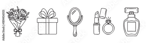 Set of hand-drawn line art icons featuring a flower bouquet, gift box, mirror, lipstick, diamond ring, and perfume, representing beauty, gifts, and celebration