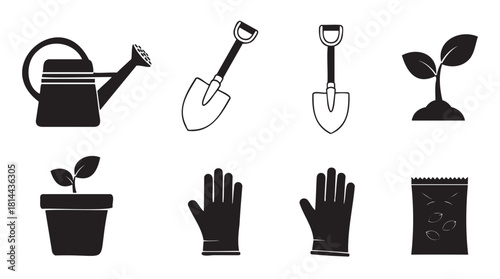 Set of minimalist black silhouette and outline icons for gardening and horticulture, featuring tools like a spade and watering can, and plants like a seedling and seeds