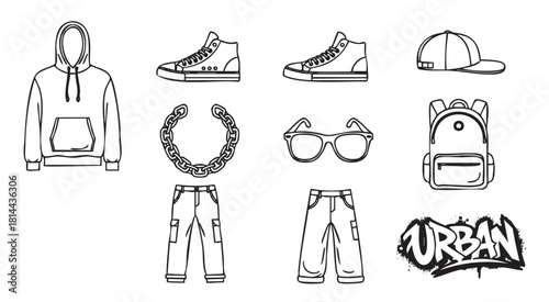 Collection of urban streetwear fashion icons, including a hoodie, sneakers, cap, and graffiti lettering, illustrated in a simple black and white line art style