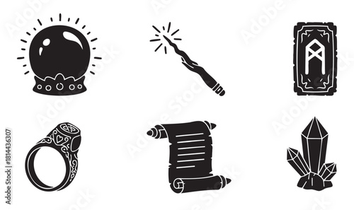 Collection of black silhouette icons representing magic and fantasy themes, including a crystal ball, wand, rune card, enchanted ring, scroll, and crystals