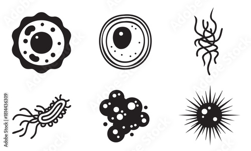 Collection of various microscopic organisms, including bacteria, viruses, and cells, presented as a set of simple black silhouette icons for science and medical concepts