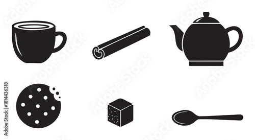 Collection of black silhouette icons for a tea or coffee break, including a mug, teapot, cinnamon, cookie, sugar, and spoon