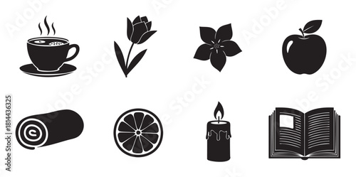 Set of minimalist black and white icons for wellness and self-care, including a coffee cup, flower, candle, book, and fruit, illustrating a calm and healthy lifestyle