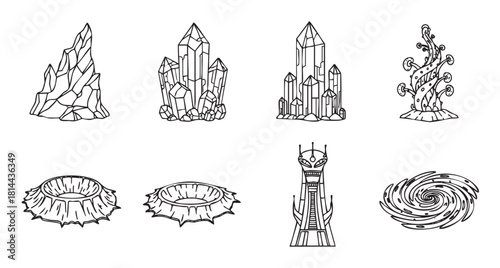 Set of hand-drawn science fiction and fantasy elements, including alien plants, futuristic towers, craters, crystals, and a cosmic vortex, presented in a clean line art style