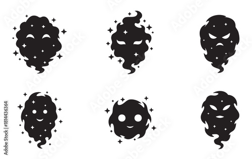 Collection of six black silhouette ghost characters with various emotional expressions, designed as magical smoke creatures with sparkling stars