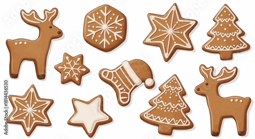 Collection of christmas gingerbread cookies including reindeer trees stars and santa hat shapes