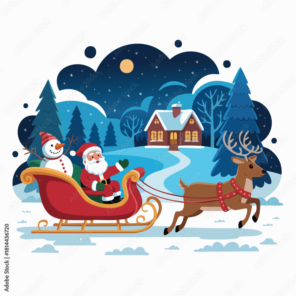 Naklejka premium Santa Claus Sleigh Ride Through a Snowy Winter Wonderland Illustration