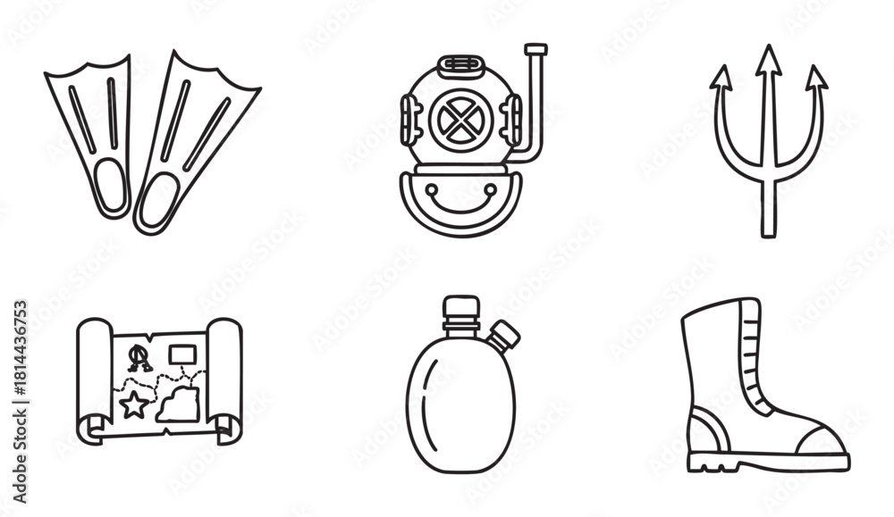 Fototapeta premium Set of minimalist black line art icons for adventure and exploration themes, including flippers, a diving helmet, trident, treasure map, canteen, and boot
