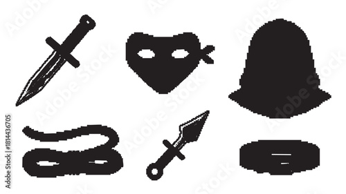 Graphic set of black pixel art icons depicting equipment for a ninja, thief, or rogue character, including a dagger, mask, rope, and kunai