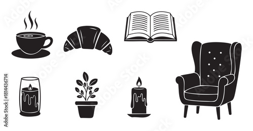 Collection of black silhouette icons representing a cozy and relaxing lifestyle with a coffee cup, croissant, book, armchair, candles, and a houseplant