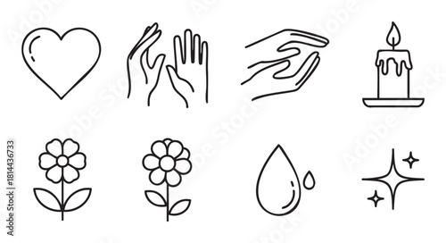 Set of simple black outline icons symbolizing love, care, and well-being, featuring a heart, hands, candle, flower, water drop, and sparkles