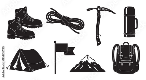 Collection of black silhouette icons for mountaineering and hiking, including boots, rope, ice axe, tent, and backpack