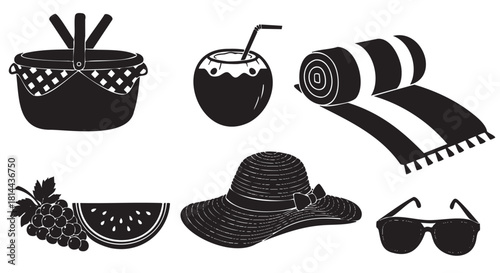 Set of monochrome graphic illustrations representing summer leisure, featuring a picnic basket, tropical drink, beach towel, fruit, sun hat, and sunglasses