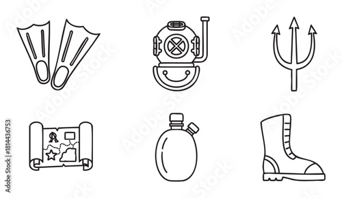 Set of minimalist black line art icons for adventure and exploration themes, including flippers, a diving helmet, trident, treasure map, canteen, and boot