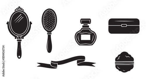 Collection of black silhouette icons representing vintage beauty and cosmetic accessories, including a hand mirror, hairbrush, perfume bottle, and powder puff