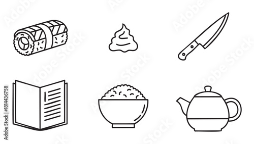 Set of six simple outline icons for an Asian restaurant, featuring a sushi roll, rice bowl, teapot, menu, chef's knife, and wasabi, presented in a clean, minimalist vector style