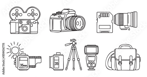 Collection of professional photography and videography equipment icons in a clean black and white line art style, including cameras, lenses, film, and accessories